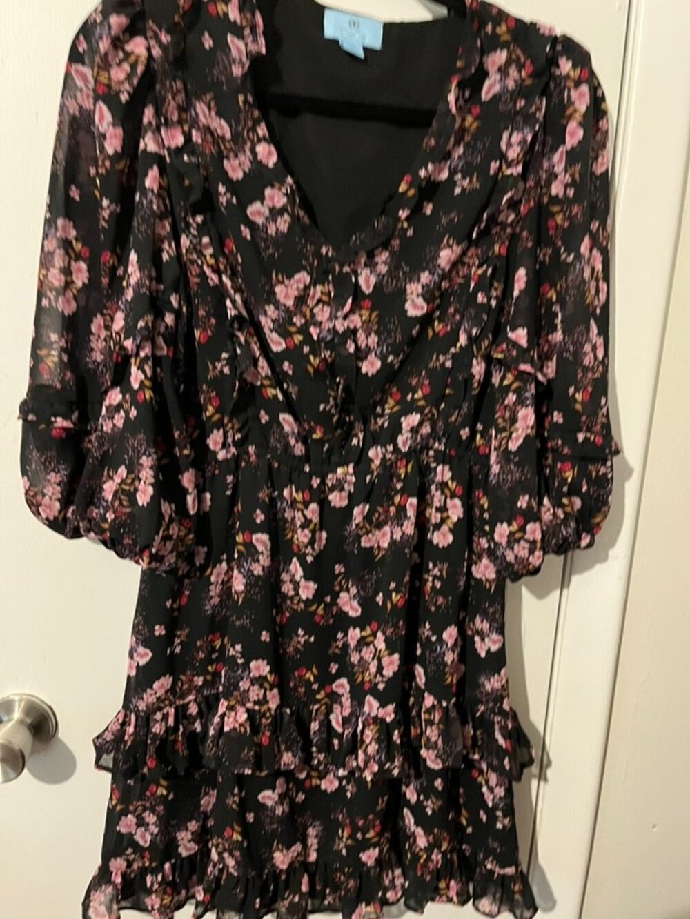 CECE Ruffle V-Neck floral Dress 3/4 Sleeves SZ L